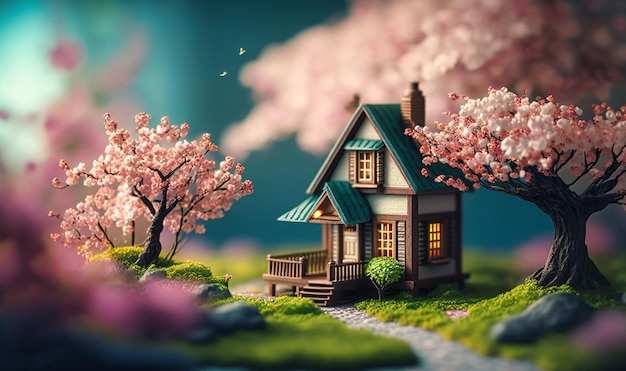 Whimsical spring scenery with miniature toy house and blooming cherry blossoms creating a charming natural backdrop