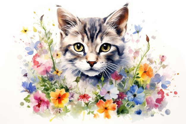 Whimsical springtime pet watercolor kitten in a cute floral scene Drawing art concept