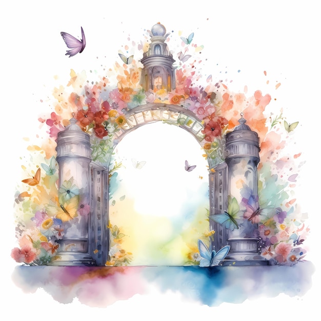 Whimsical Springtime Watercolor Illustration of Floral Garden Arbor with Wreath and Butterflies