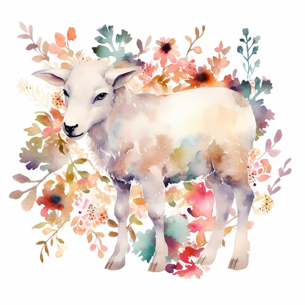 Whimsical Springtime Watercolor Painting of a Floral Flower Crown Sheep Rural Farm Animal Portrait