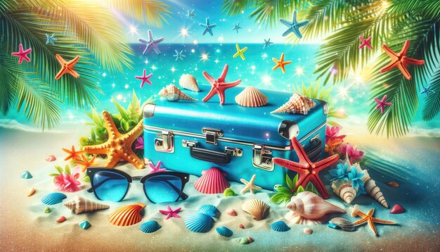 Whimsical still life of a teal suitcase adorned with sea stars and shells capturing the essence of a magical beach vacation