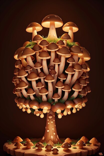 A whimsical surreal pattern of mushrooms illuminated by a mysterious light