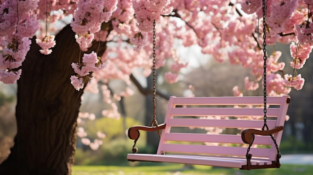 Whimsical swing hanging from a cherry blossom tree with petals floating in a gentle breeze on a spring day