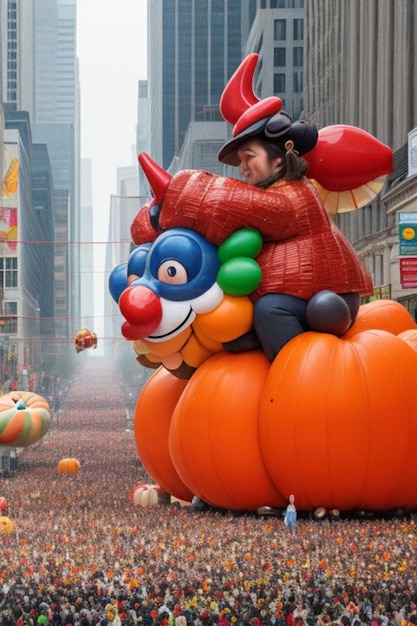 A whimsical Thanksgiving parade filled with colorful floats and giant balloons