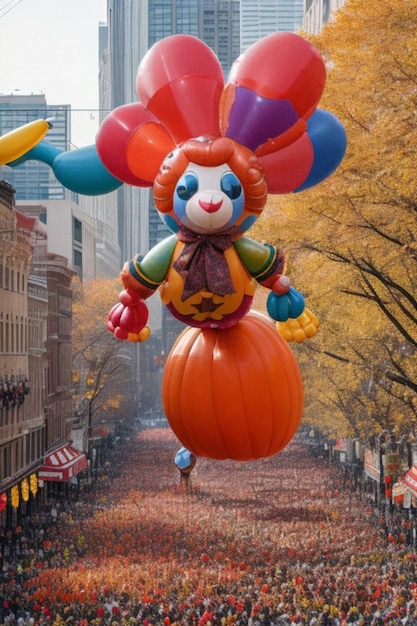 A whimsical Thanksgiving parade filled with colorful floats and giant balloons