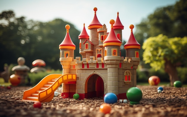 A whimsical toy castle featuring a slide in the center perfect for imaginative play