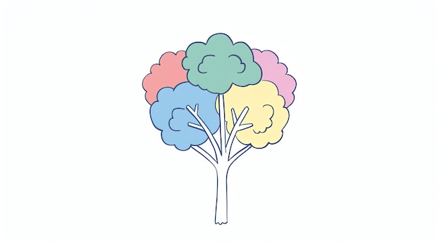 Photo a whimsical tree with pink blue yellow and green leaves the tree is drawn in a simple cartoon style