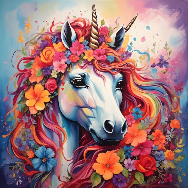 Whimsical Unicorn Amidst Vibrant Abstract Blooms