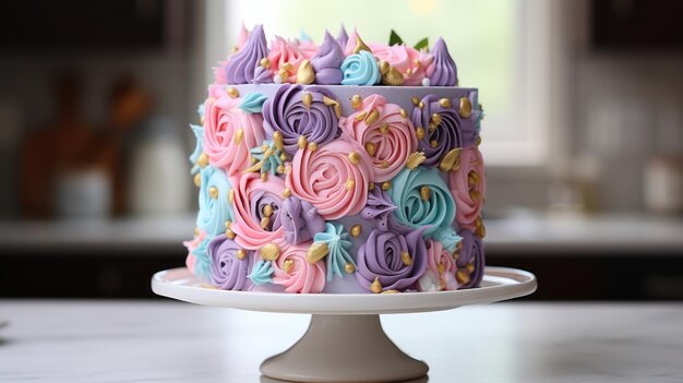 Photo whimsical unicorn cake with rainbow layers