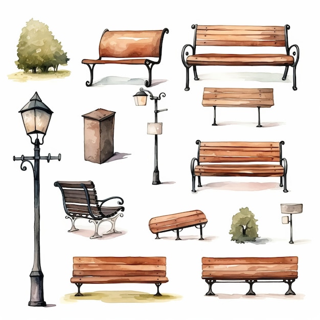 Whimsical urban furniture a handdrawn watercolor 2d collection