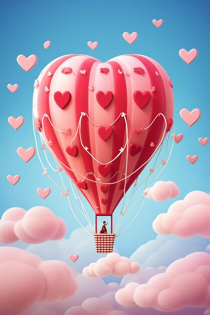 a whimsical Valentine's Day illustration of a hot air balloon soaring in the sky