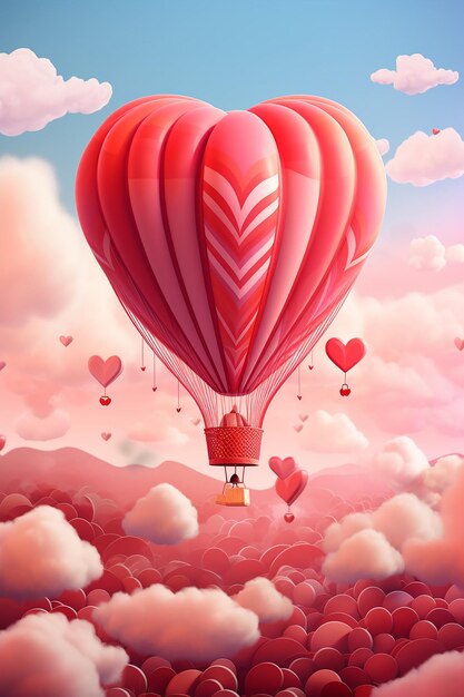 a whimsical Valentine's Day illustration of a hot air balloon soaring in the sky