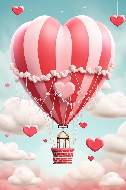 a whimsical Valentine's Day illustration of a hot air balloon soaring in the sky