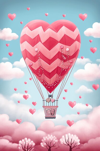 Foto una stravagante illustrazione di san valentino di un palloncino ad aria calda che si innalza nel cielo