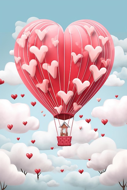 a whimsical Valentine's Day illustration of a hot air balloon soaring in the sky