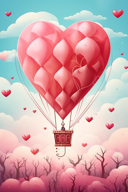 a whimsical Valentine's Day illustration of a hot air balloon soaring in the sky