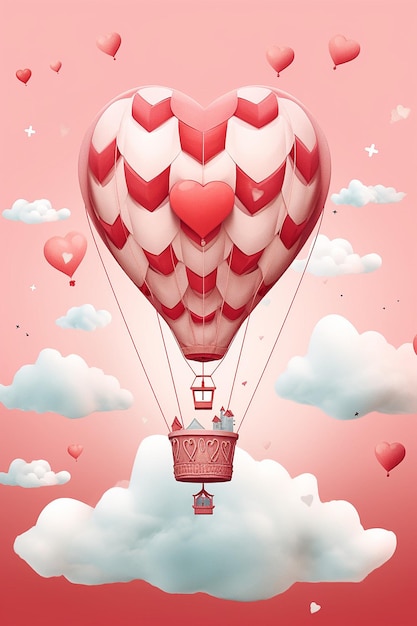 a whimsical Valentine's Day illustration of a hot air balloon soaring in the sky