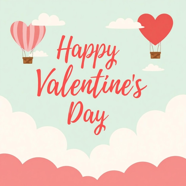 A whimsical Valentines Day scene with hot air balloons