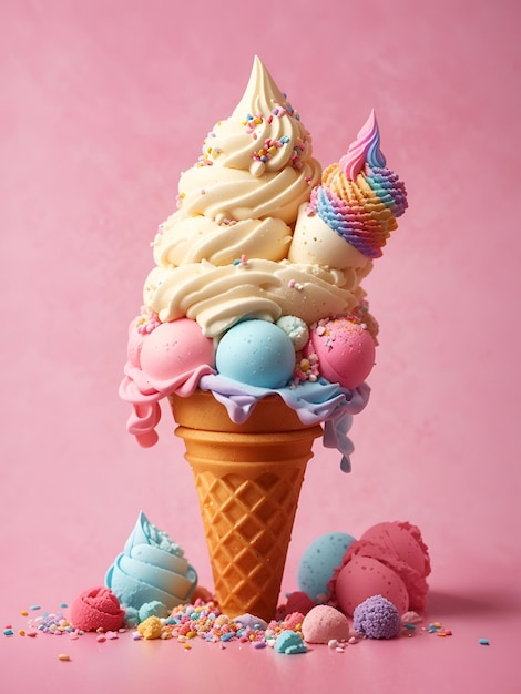 A whimsical vanilla ice cream cone with a rainbow sprinkled waffle cone and a scoop of fluffy