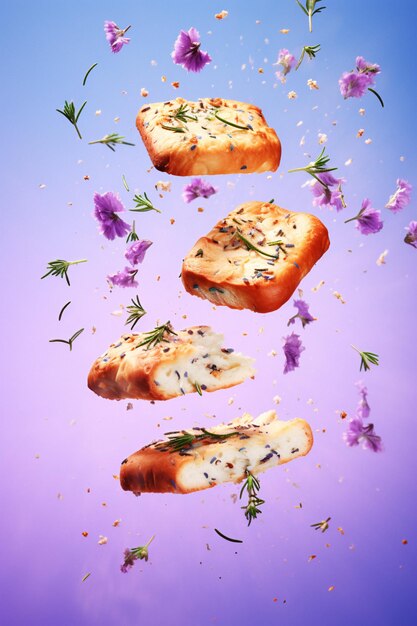 Whimsical and Vibrant Flying Bread with Herbs and Flowers Stock Image Enhanced by Generative AI