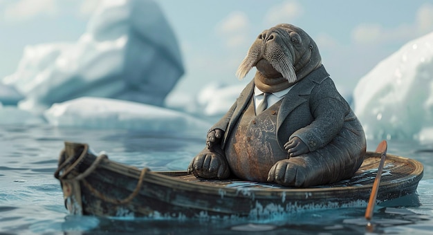 Капризный морж в костюме обсуждает рыночные тенденции на ледяной платформе
