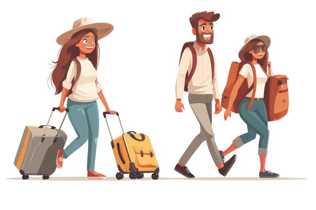 Whimsical wanderlust amusing cartoons showcase tourists with suitcases embarking on vibrant vacation escapades filled with fun discovery and adventure exploring the worlds wonders