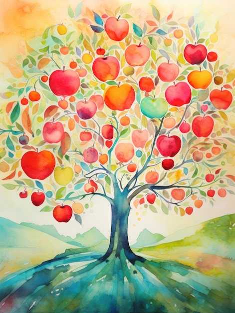 Причудливая акварельная яблоня со спелыми и манящими плодами, созданная AI