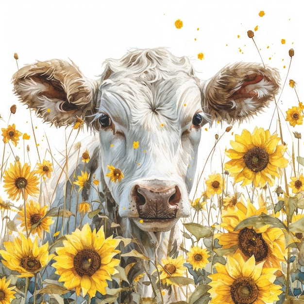 Photo whimsical watercolor calf observes mother grazing among sunflowers generative ai