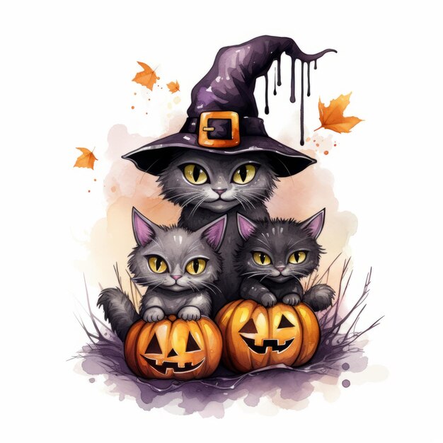 Photo whimsical watercolor cats halloweeninspired clipart with playful pumpkin and witch's hat