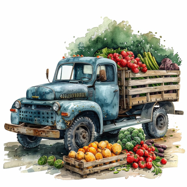 Whimsical watercolor clipart depicting a farm truck filled with crates of fresh vegetables