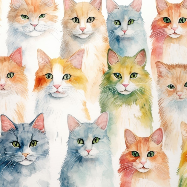 Whimsical Watercolor Feral Cat Seamless Pattern