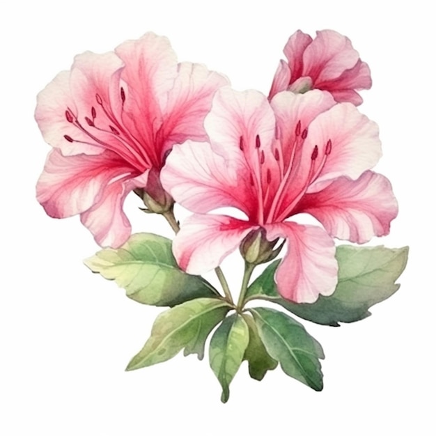 Whimsical watercolor image showcasing an azalea in full bloom