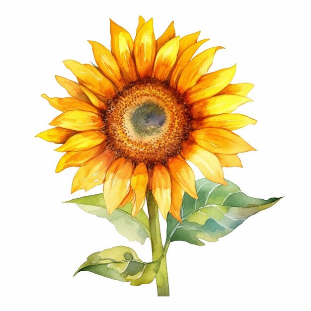 Whimsical watercolor image showcasing a sunflower in full bloom