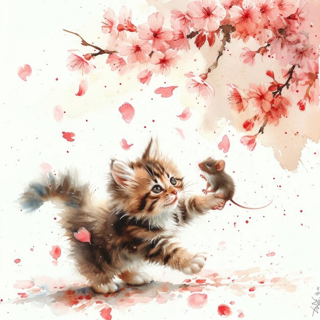 Whimsical Watercolor Kitten Chasing Mouse amid Cherry Blossoms Generative AI