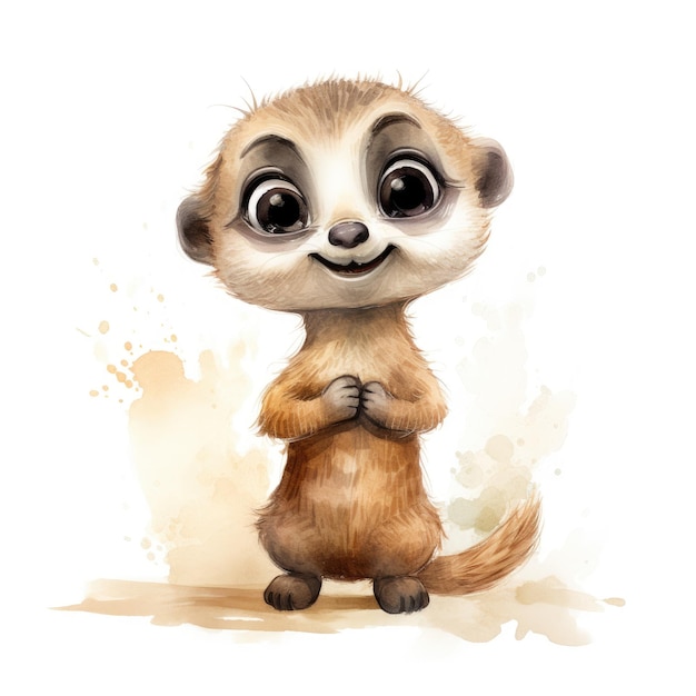 Whimsical Watercolor Meerkat Delightfully Detailed Character Design in Chibi Style