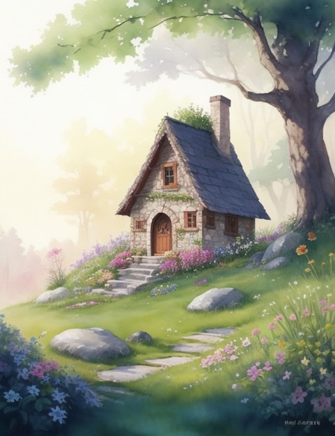 A whimsical watercolor painting of an enchanted forest with a small stone house nestled among