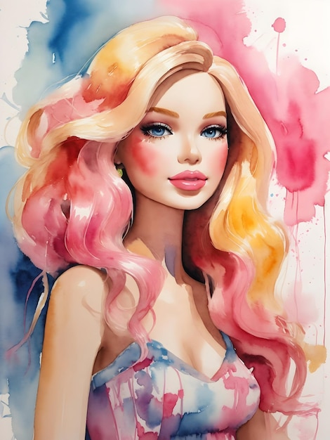 A whimsical watercolor portrait of a Barbie doll with bright colors and soft brush strokes