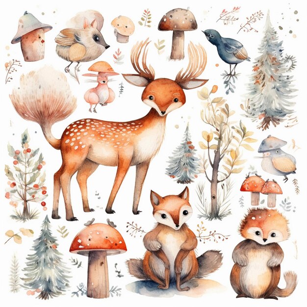 Whimsical Watercolor Woodland Christmas Clipart