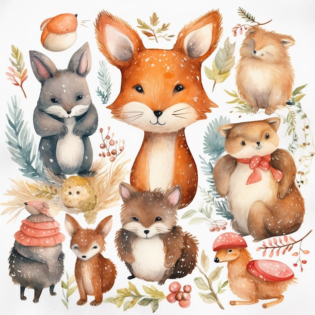 Whimsical Watercolor Woodland Christmas Clipart