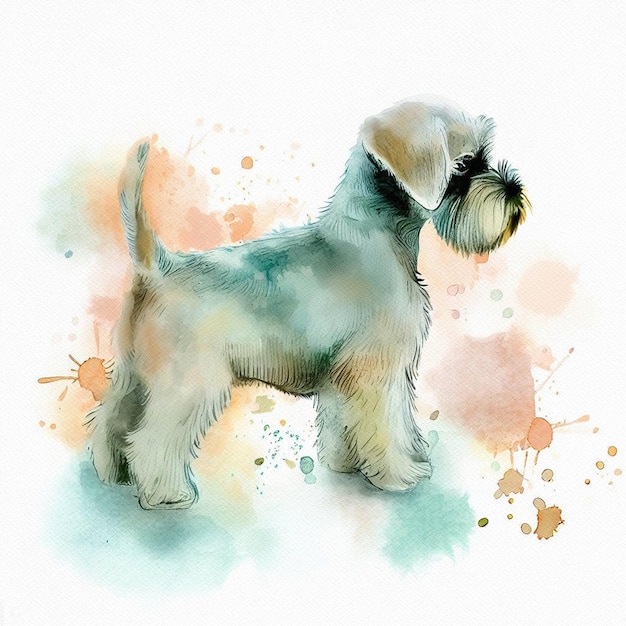 Причудливый акварельный портрет щенка цвергшнауцера