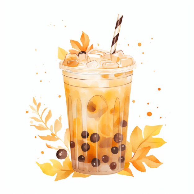 Photo whimsical watercolour cartoon bubble tea glass coffee cup embracing autumn vibes on a white backgro