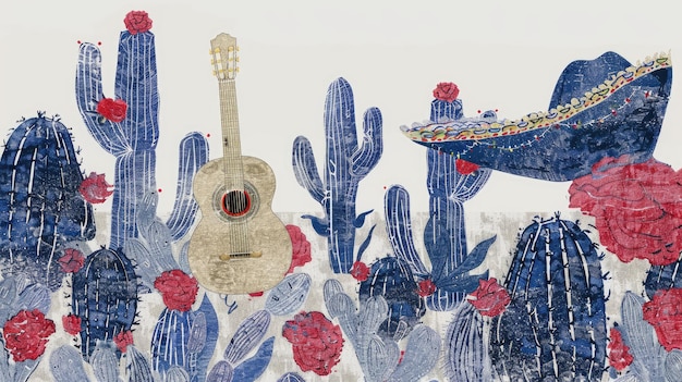 Whimsical Western Landscape with Guitar Boat and Colorful Cacti