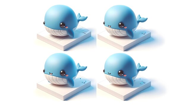 whimsical whale in four expressions happy sad surprised and sleepy isolated on a white backgrou