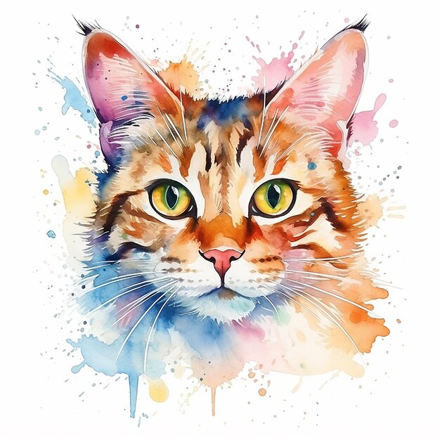 Whimsical White Background Cat Watercolor Art