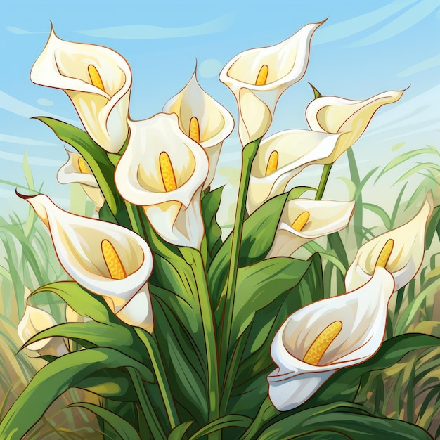 Whimsical White Calla Lilies A Cartoon Sketch on a Playful Background