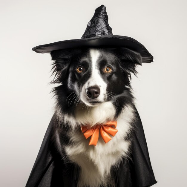 Photo whimsical white isolation happy dog in halloween outfit on white background