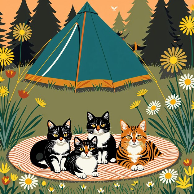 Whimsical Wilderness Four Cats Embrace the Outdoors