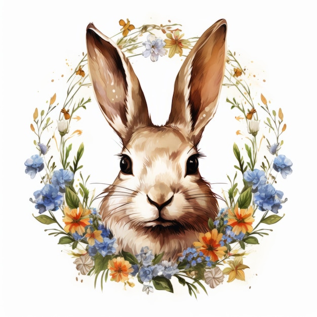 꽃 왕관을 가진 네덜란드 토끼를 특징으로 한 기발한 야생 꽃 토끼 로고 디자인