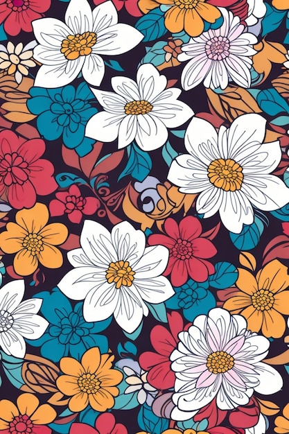 Whimsical Wildflowers A Vibrant and Randomly Arranged Floral Seamless Pattern on a White Background