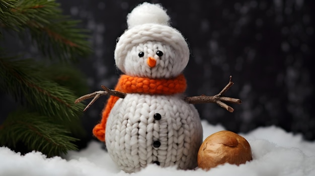 Whimsical Winter Charm Christmas Snowman in Knitted Hat and Scarf on a Black Background